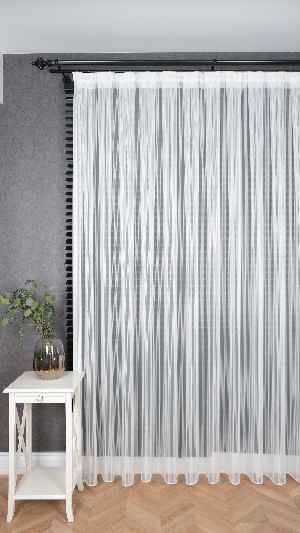 Ekru Zincir Çizgilli Altın Simli Tül Perde