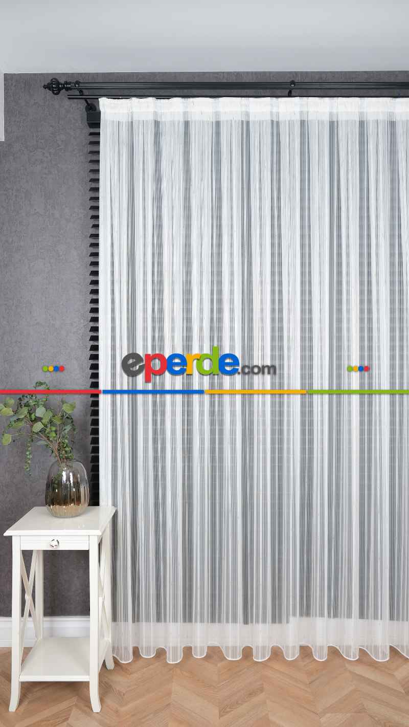 Ekru Zincir Çizgilli Altın Simli Tül Perde