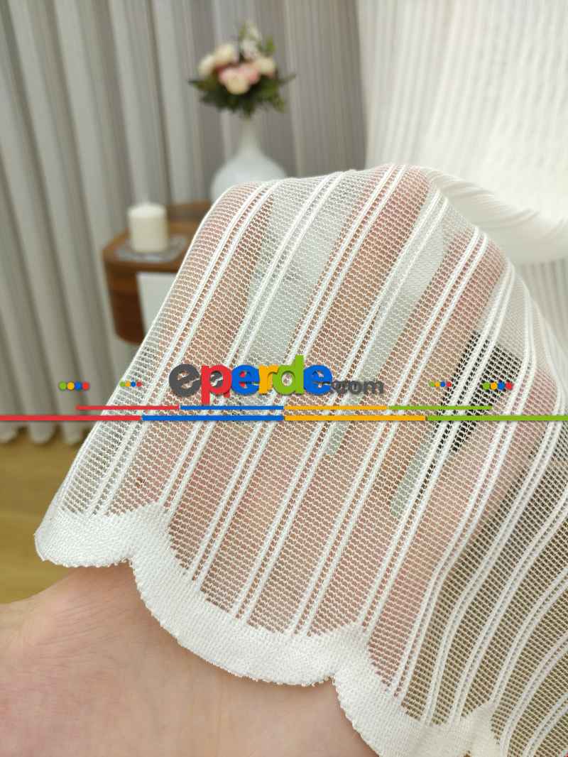 Çizgili Örme Jakarlı Tül Perde Kırık Beyaz