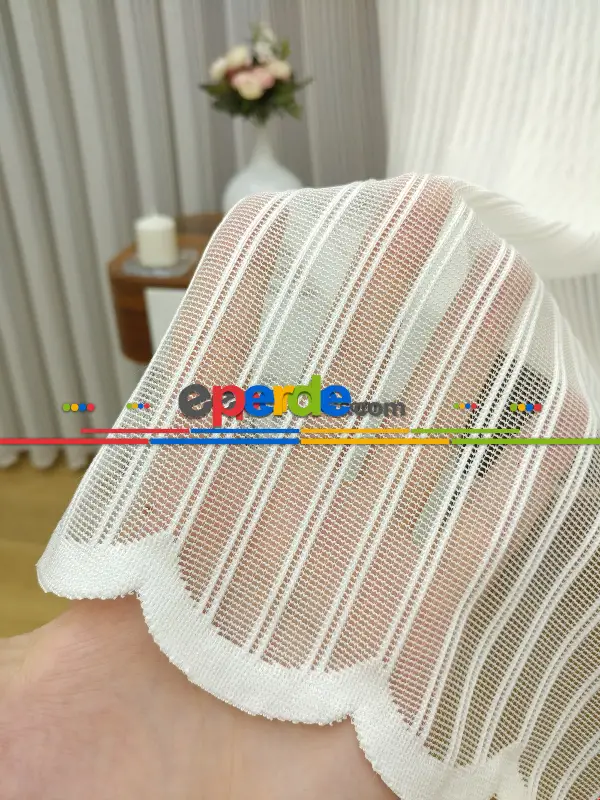 Çizgili Örme Jakarlı Tül Perde Kırık Beyaz