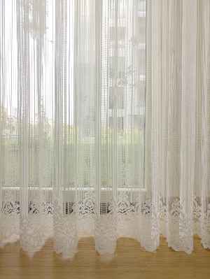 Etek Ucu Desenli Boyuna Çizgili Dantel Tül Perde- Ekru