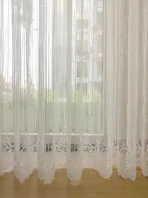 Etek Ucu Desenli Boyuna Çizgili Dantel Tül Perde- Ekru