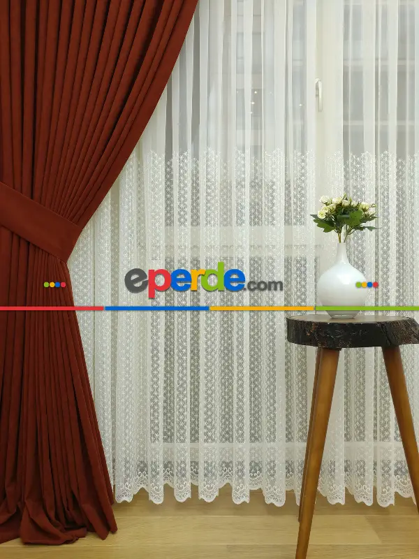 Yatak Odası - Kırmızı Koyu Rengi Düz Sade Fon Perde Dökümlü (  Dökümlü Fon )- Kiremit Rengi