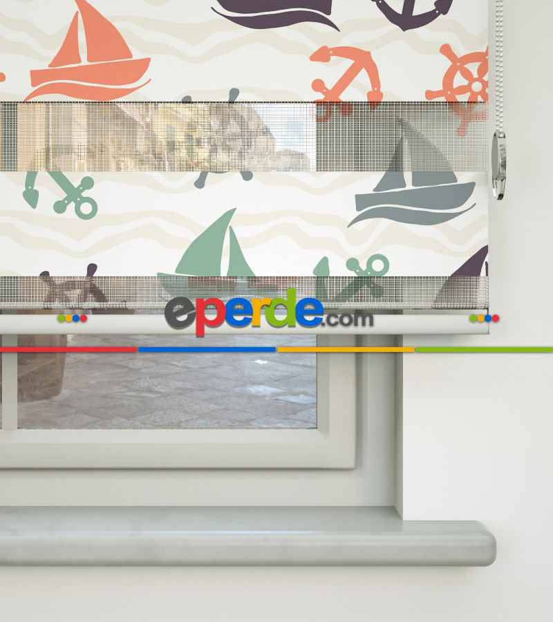 Bebek Odası Zebra Perde - Tekne Ve Çapa Baskılı Zebra Perde- Gri-Füme-Antrasit-Beyaz-Turuncu-Mor Patlıcan Moru-Su Yeşili