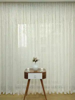 Geometrik Desenli Tül Perde Etek Katlamalı- Ekru