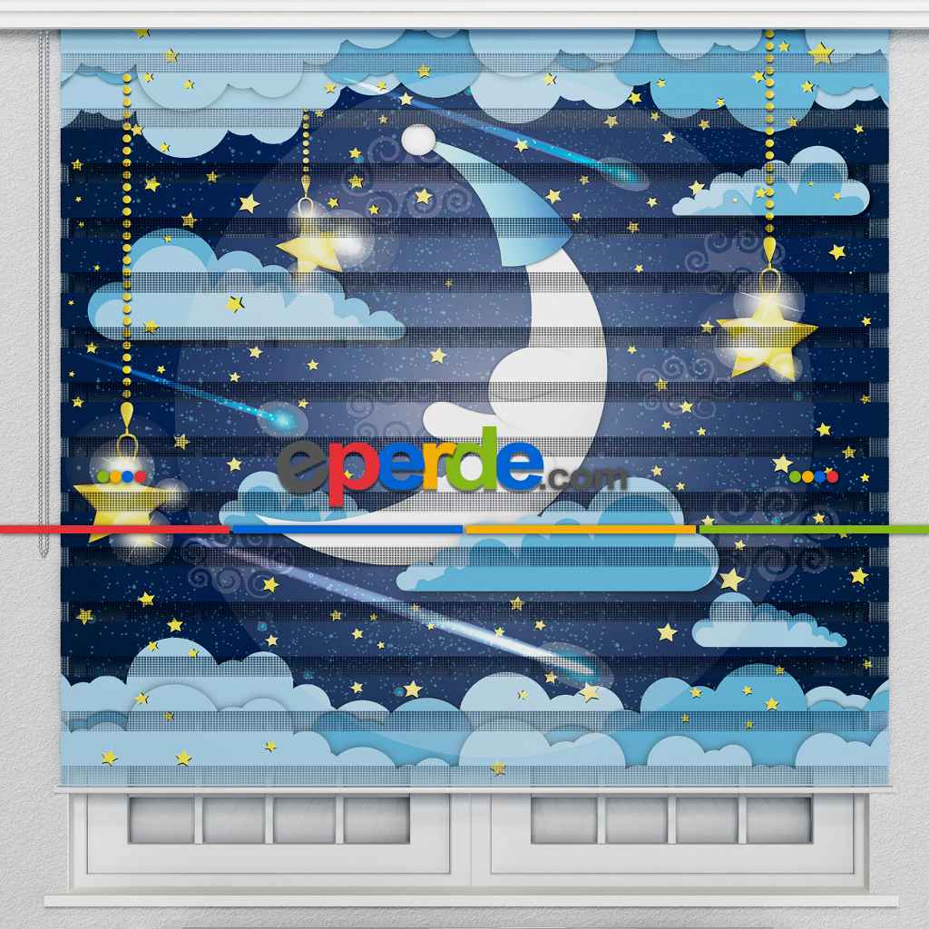 Gece Ay Ve Bulutlar Özel Poster Baskılı Zebra Perde- Lacivert-Kırmızı