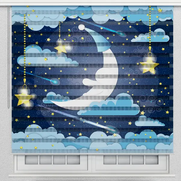 Gece Ay Ve Bulutlar Özel Poster Baskılı Zebra Perde- Lacivert-Kırmızı