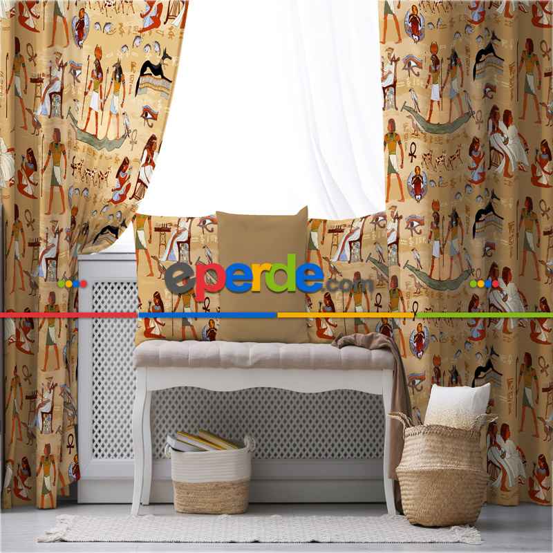 Genç Odası - Etnik Mısır Fon Perde Evim 593 Kumaşı Kalındır Duck Bezi Değildir