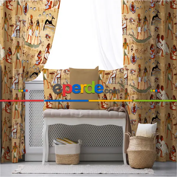 Genç Odası - Etnik Mısır Fon Perde Evim 593 Kumaşı Kalındır Duck Bezi Değildir