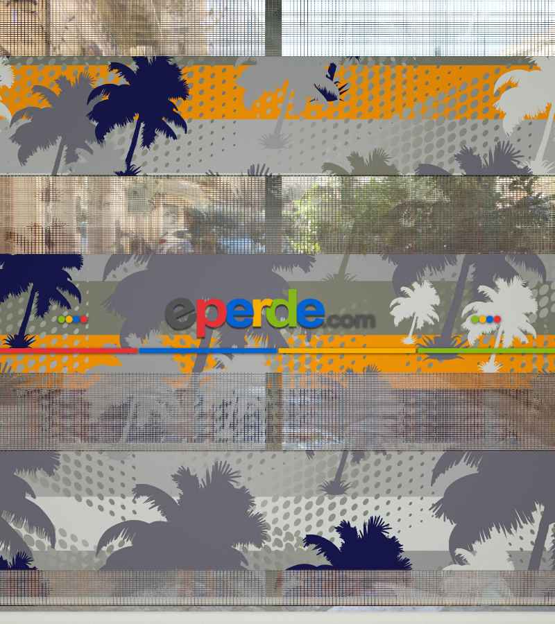 Palmiye Desen Baskılı Zebra Perde- Lacivert-gri-füme-antrasit-turuncu