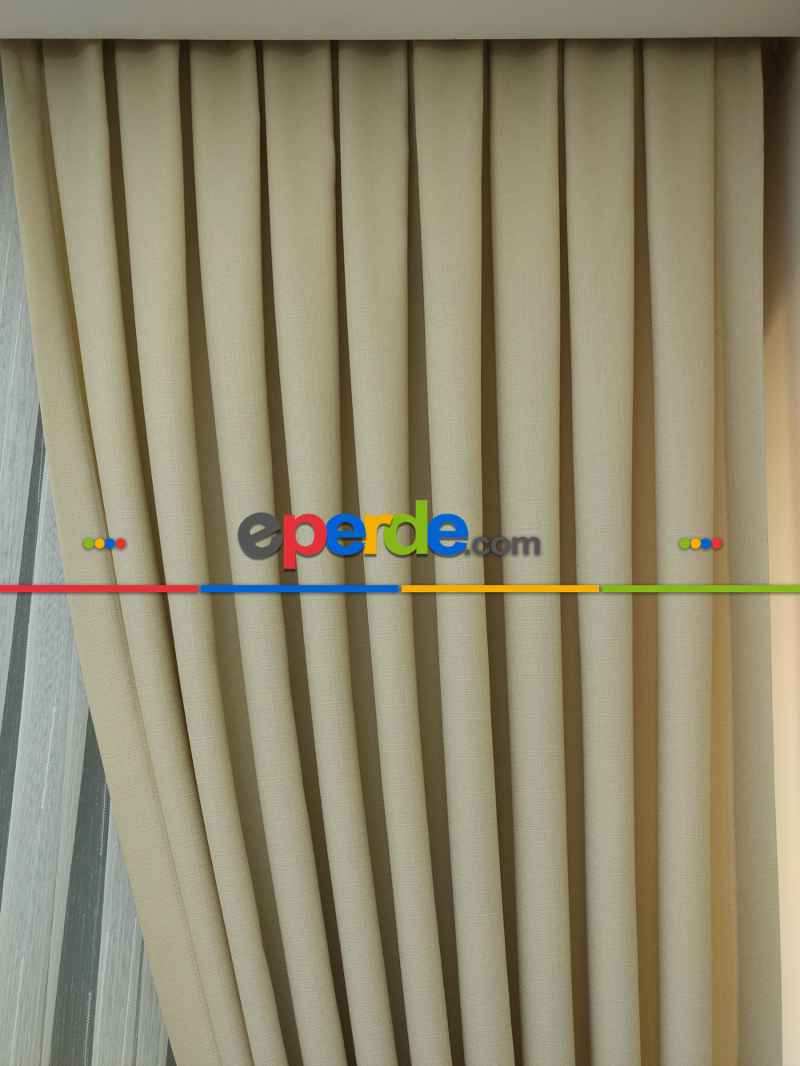 Salon Perdesi - Açık Krem Rengi - Düz Keten Fon Perde (  Keten Fon Perde)- Taş Rengi