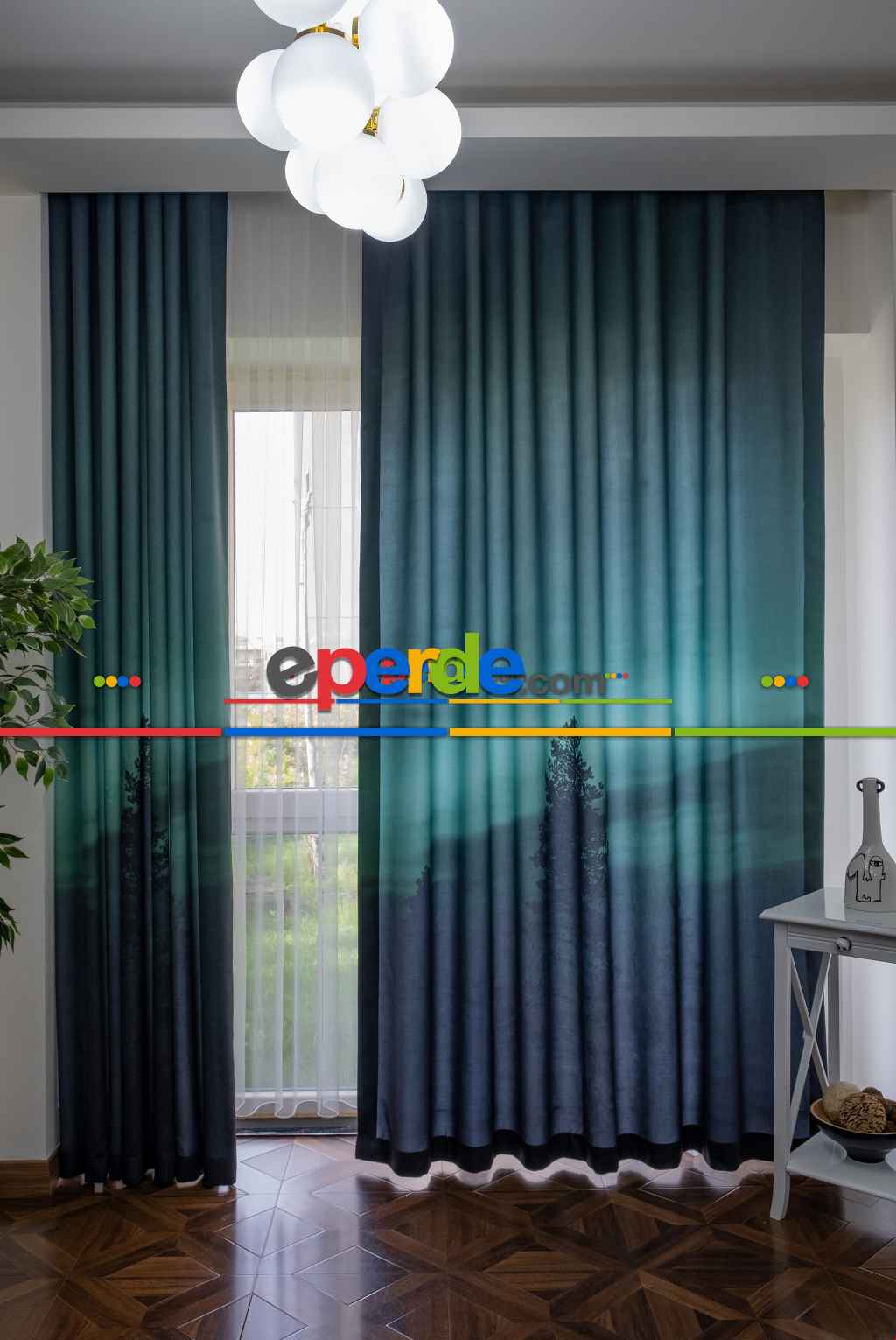 Hazır Ölçülü Dökümlü Kumaştan Kuzey Işıkları Manzaralı Baskılı Pilesiz Fon Perde 1. Kalite