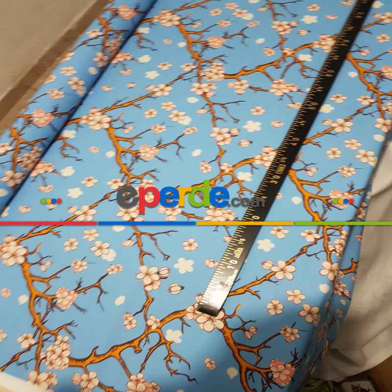 Çiçek Desenli Fon Perde Evm389 - Kumaşı Kalındır Duck Bezi Değildir.- Turkuaz-Kahve