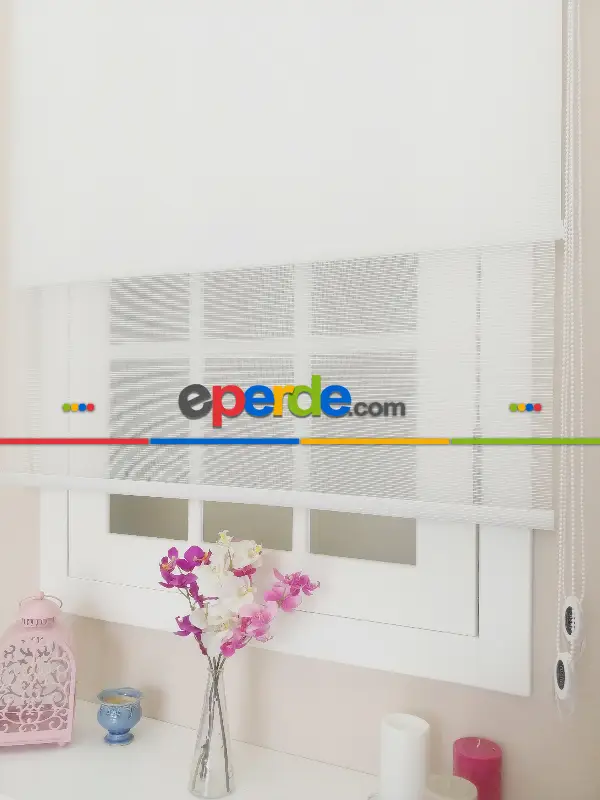 Çift Sistem Tül Stor Perde Clısson Series 1641- Beyaz İnce Çizgili Kare Sanal