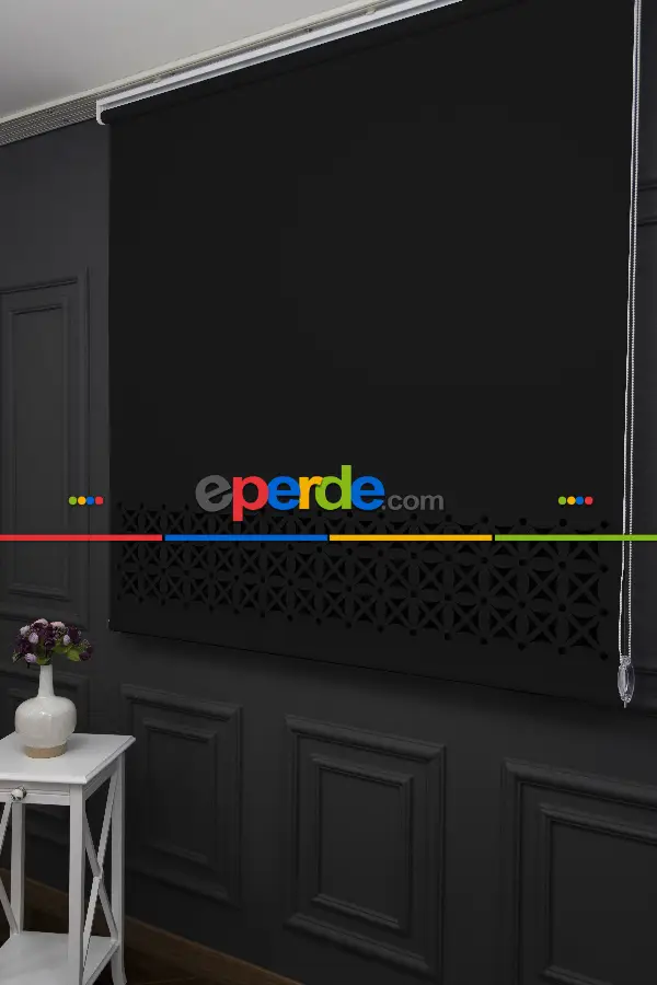 Salon Stor - Siyah Renk Lazer Kesim Mat Stor Perde (ister Düz - İster Lazer Kesimli Satın Alın)