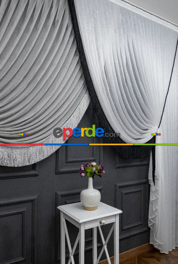 Salon - İki Renkli Yalancı Kruvaze - Tülden Fon - Halat İle Yana Toplamalı Tül - Kordon Toplama Tül - Çift Veya Tek Kanat - Püsküllü - Gri Ve Ekru Zemin, Siyah Ve Ekru Saçak Kombini