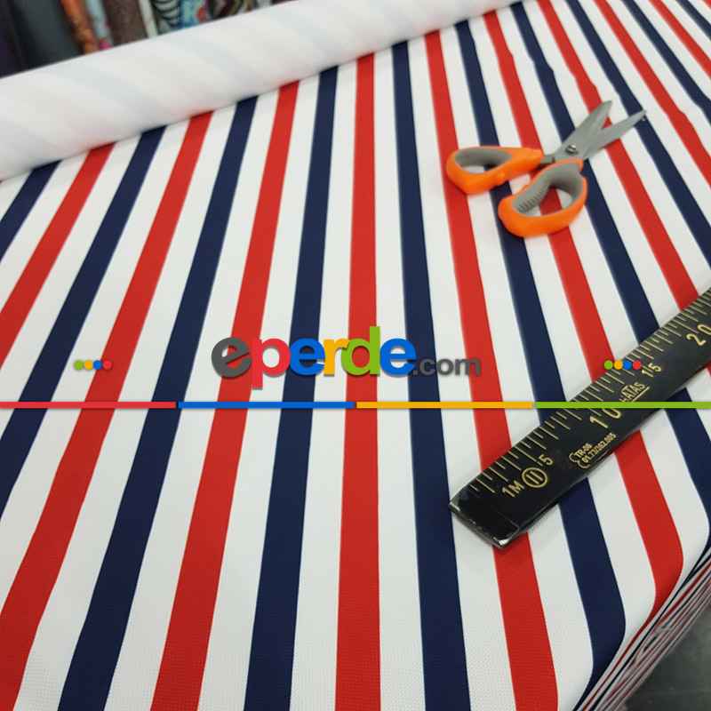 Çizgi Desenli Fon Perde Evm1133 Kumaşı Kalındır Duck Bezi Değildir- Lacivert-Kırmızı-Beyaz