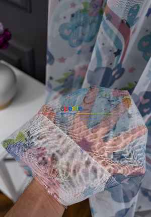 Hazır Ölçülü Petek Zemin Mavi Mor Renkli Bulut Ve Gökkuşağı Desenli Grek Baskılı Tül Perde