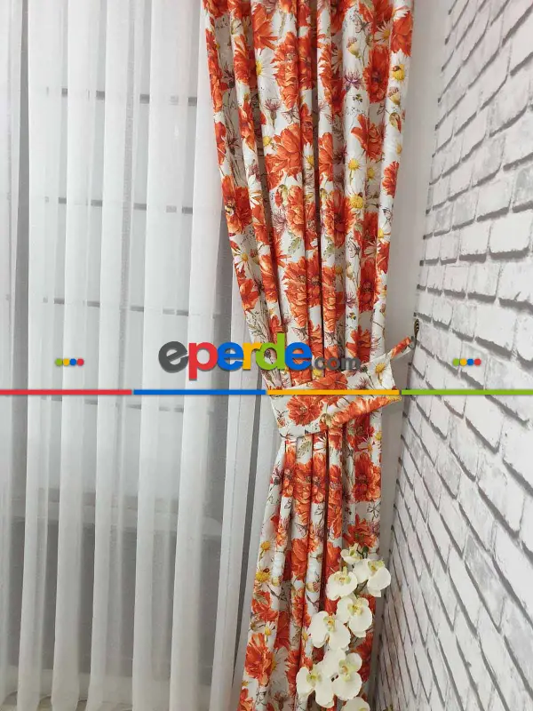 Turuncu Çiçek Desenli Fon Perde Evm645 Kumaşı Kalındır Duck Bezi Değildir- Sarı-beyaz-turuncu