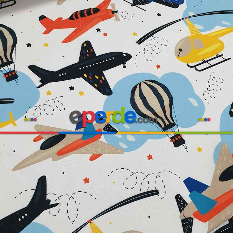 Uçak Helikopter Desenli Fon Perde Evm801 Kumaşı Kalındır Duck Bezi Değildir- Siyah-Sarı-Beyaz