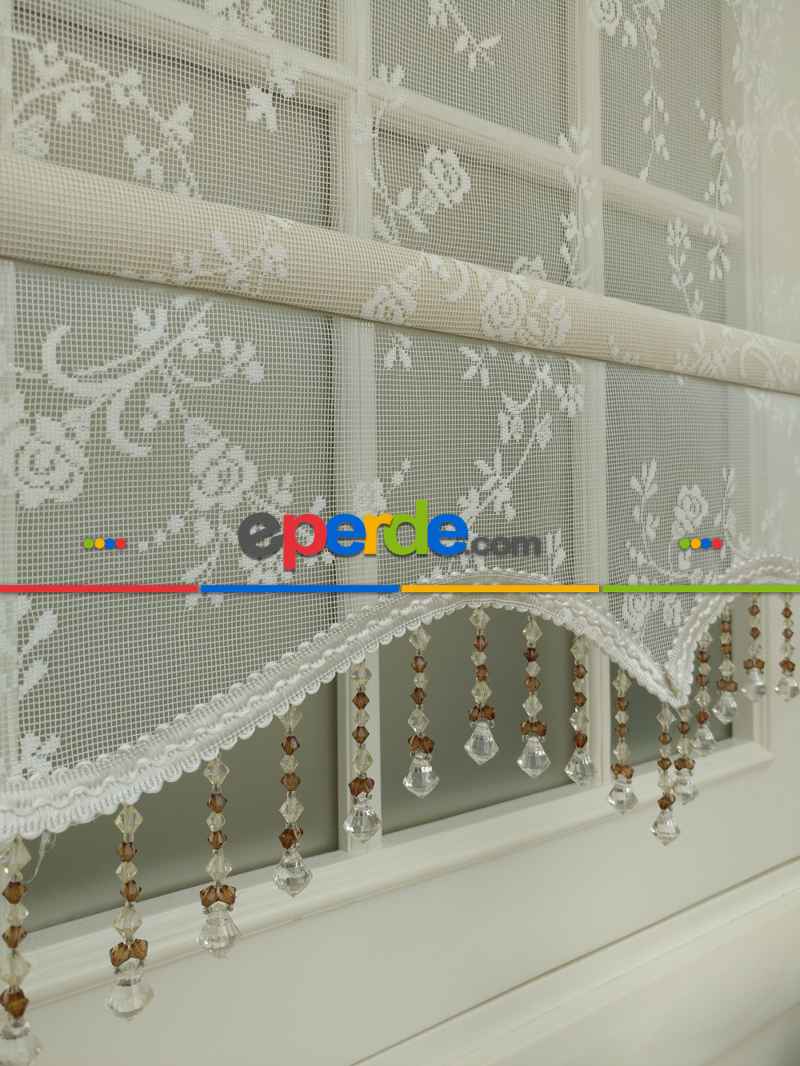 Brillannt - Tül + Stor Perde - Çiçekli Desen Çiftli Sistem Perde - Dallı Çiçek Model- Krem Açık-ekru