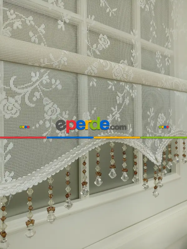 Brillant - Stor Perde - Çiçekli Desen Çiftli Sistem Tül Ve Stor Perde - Dallı Çiçek Model- Krem Açık-ekru