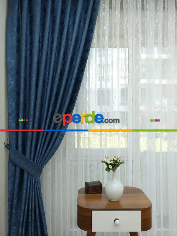 Patinedesenli Lacivert - Katyonik Jakar Fon Perde- Lacivert