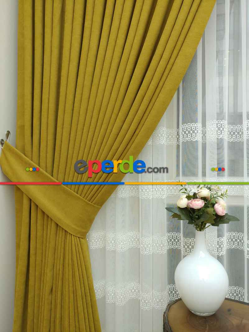 Hardal Rengi Düz Fon Perde Dökümlü Birinci Kalite 300 Cm Geniş En Daha Hesaplı- Hardal-hardal Sarısı