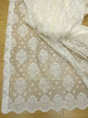 Ekru Serpme Damaks Desenli Örme Tül Perde - Ekru