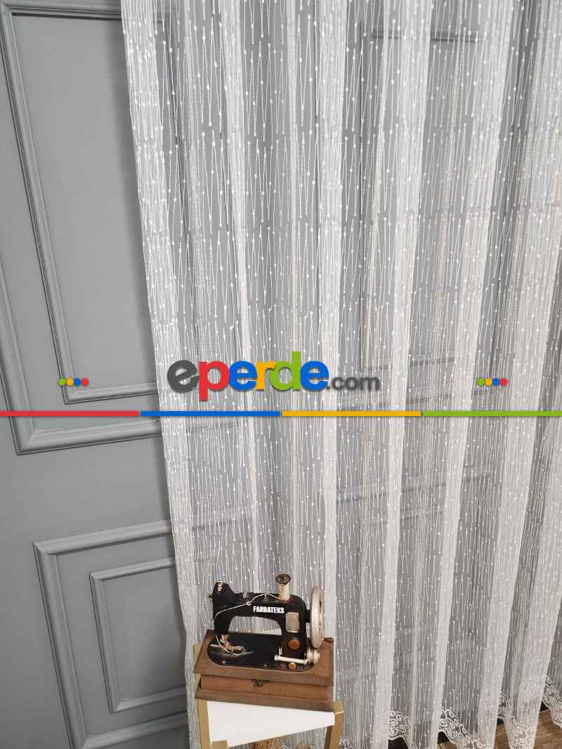 Taç - Brode İşlemeli Tül Perde - Yeni Nokta Çizgi Desenli - İşlemeli Nakışlı Tül Perde - Spor Desen