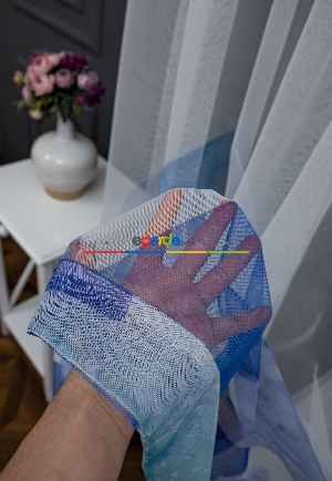 Hazır Ölçülü Petek Zemin Açık Mavi Renkli Dağ Ve Bulut Desenli Grek Baskılı Tül Perde