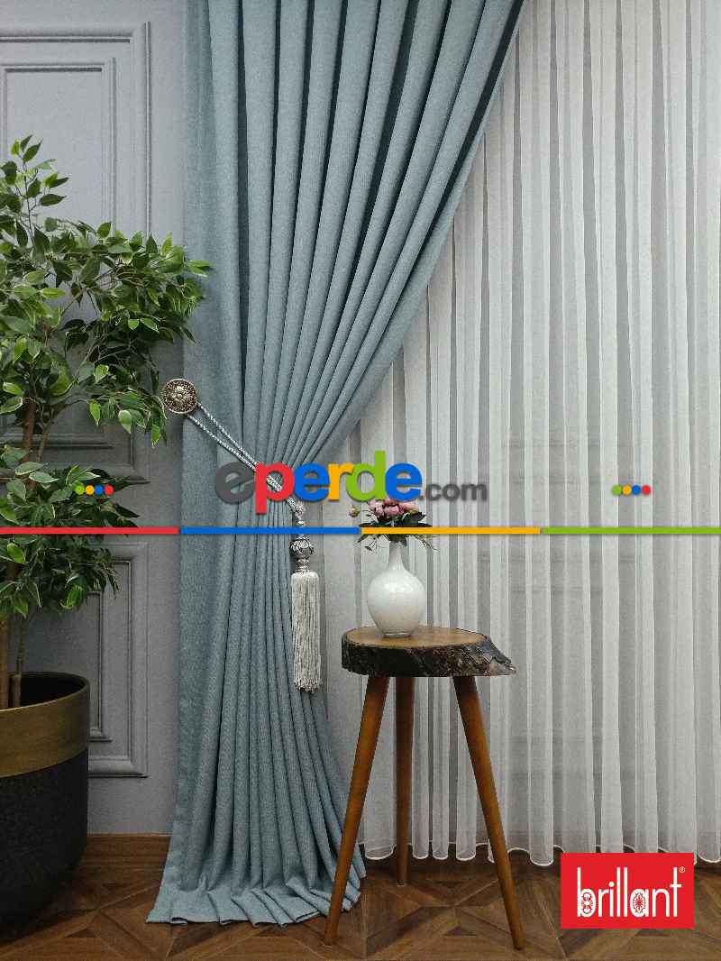 Brillant Keten Açık Havai Mavi Renk Düz Fon Perde - Mavi Doymamış-mint