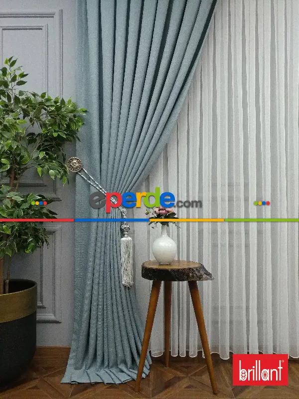 Yatak Odası - Brillant Keten Açık Havai Mavi Renk Düz Fon Perde - Mavi Doymamış-mint