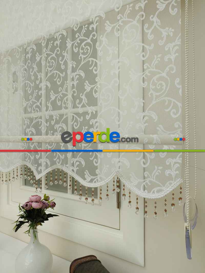 Çiftli Sistem Tül Ve Stor Perde - Şal Desen- Krem Açık-ekru