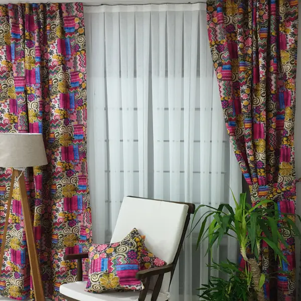 Etnik Fuşya Desenli Fon Perde Perde4103-1 Kumaşı Kalındır Duck Bezi Değildir- Sarı-Fuşya- Çok Renkli 2