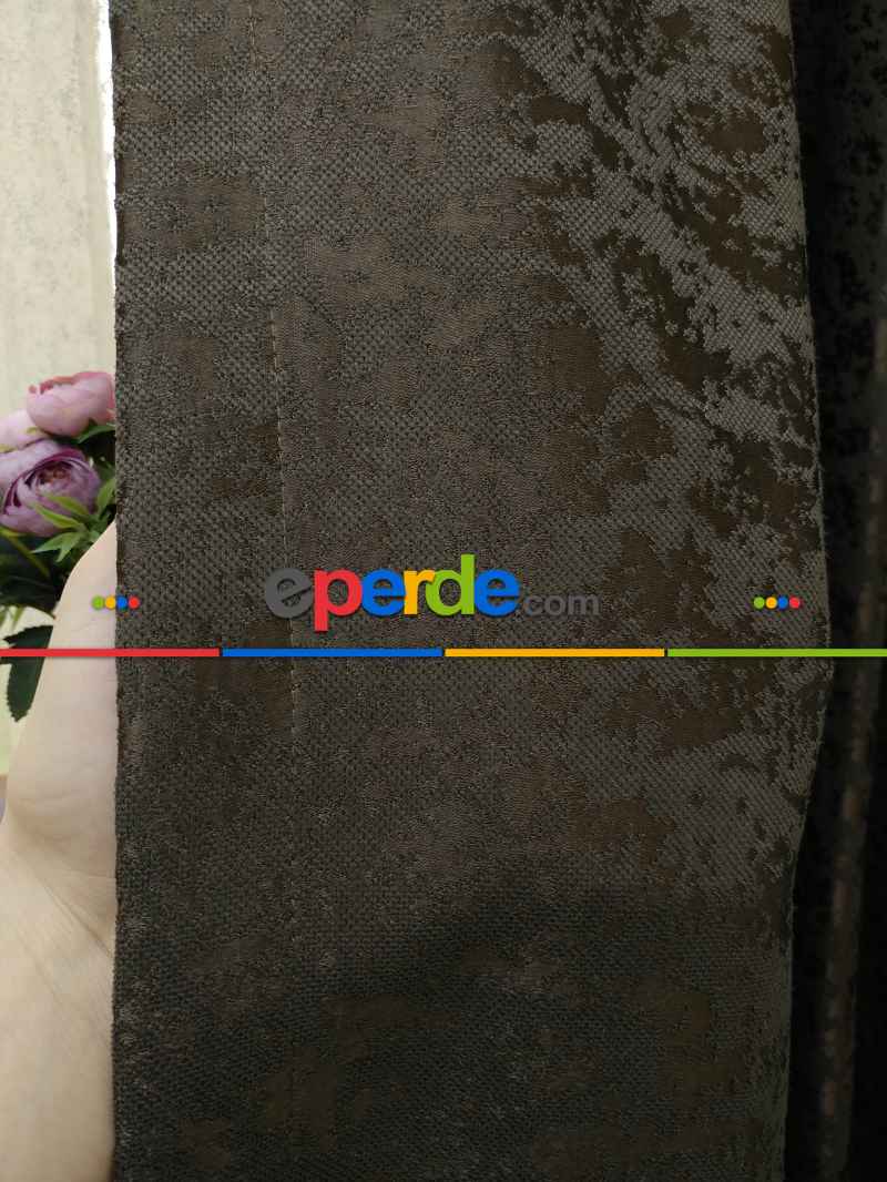 Koyu Kahve Rengi Kendinden Desenli Jakar Fon Perde (285 En)- Kahve Koyu