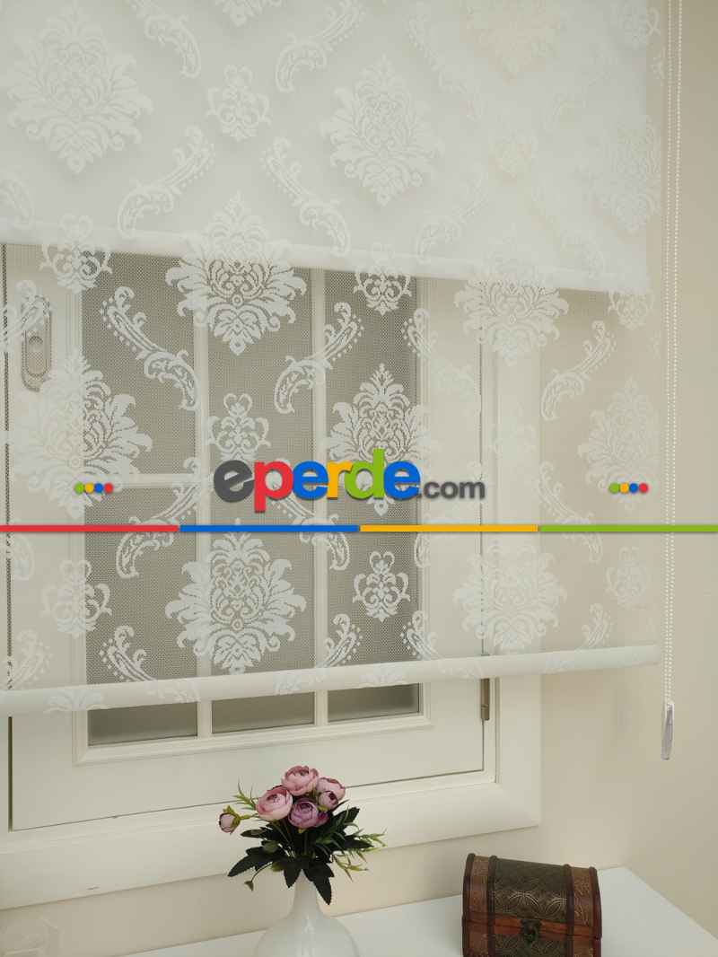 Yatak Odası - Jakar Örme Tül- Ekru Çiftli Sistem Dantel Desenli Perde- Ekru