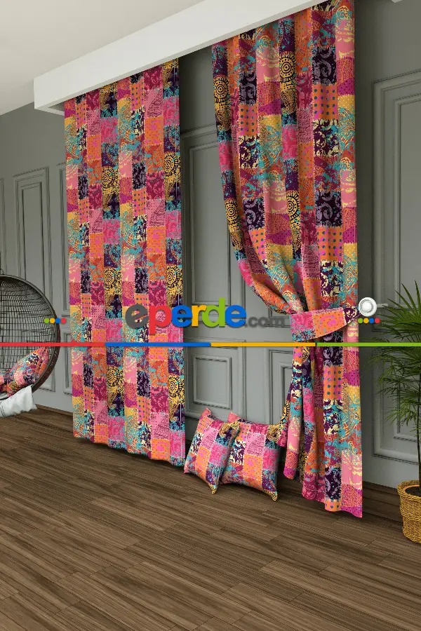 Dökümlü Kumaştan Genç Odası - Etnik Desenli Baskılı Fon Perde- Turkuaz-pembe-mor-hardal Sarısı