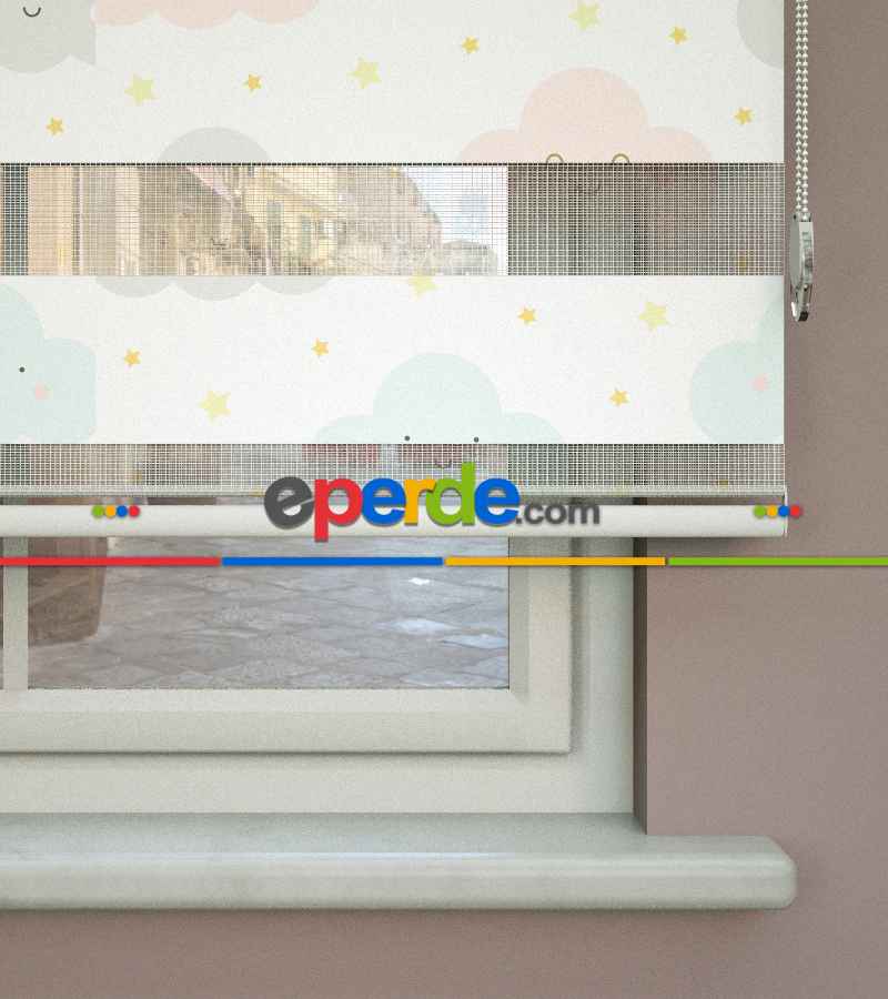 Bulut Desenli Baskılı Zebra Perde- Çok Renkli