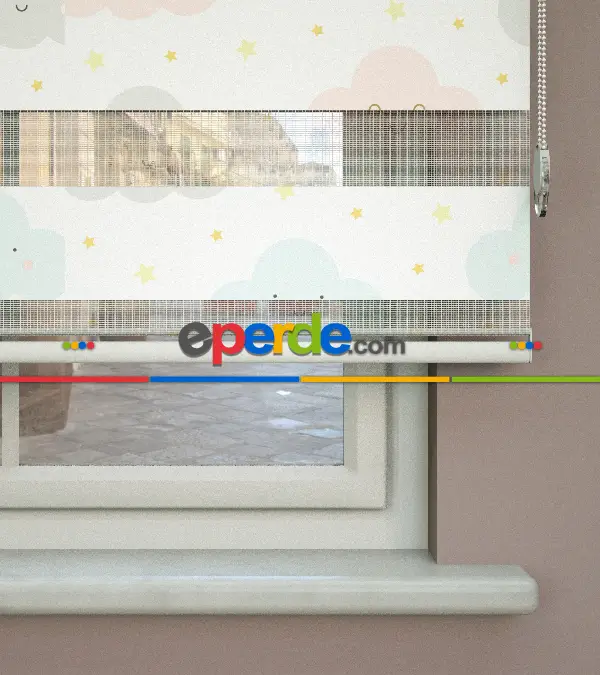 Bulut Desenli Baskılı Zebra Perde- Çok Renkli