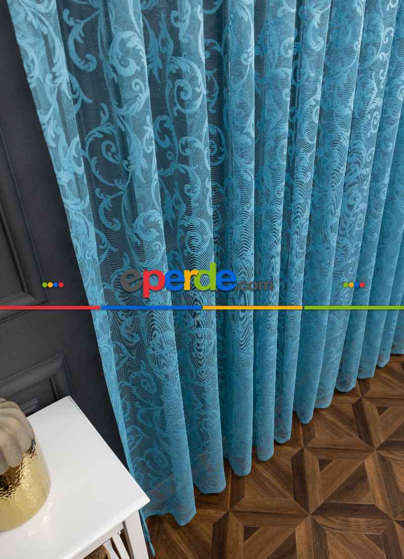 Sarmaşık Desen Petrol Turkuaz Renk Desen Tasarım Tül