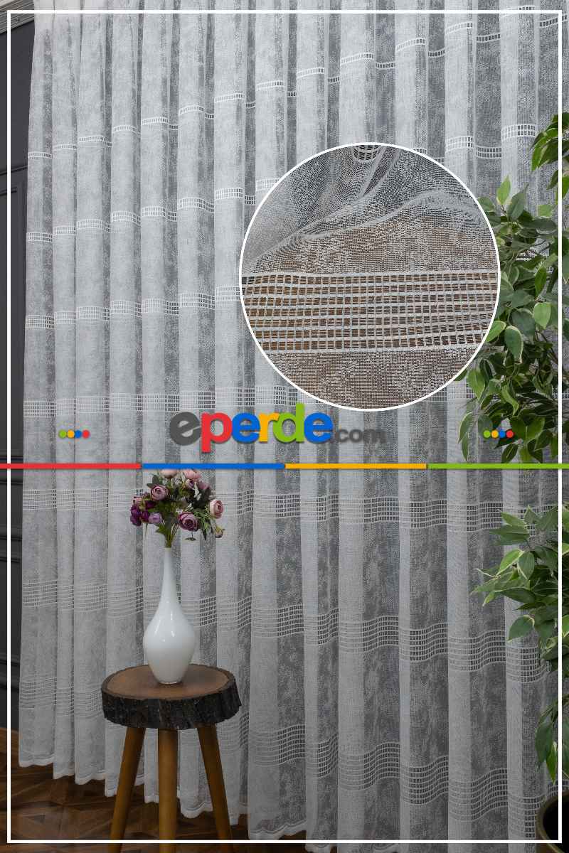 Spor Desen Tül Perde - Karlı Kareli Geometri Desenli - Ekru Açık Krem - Örme Tül