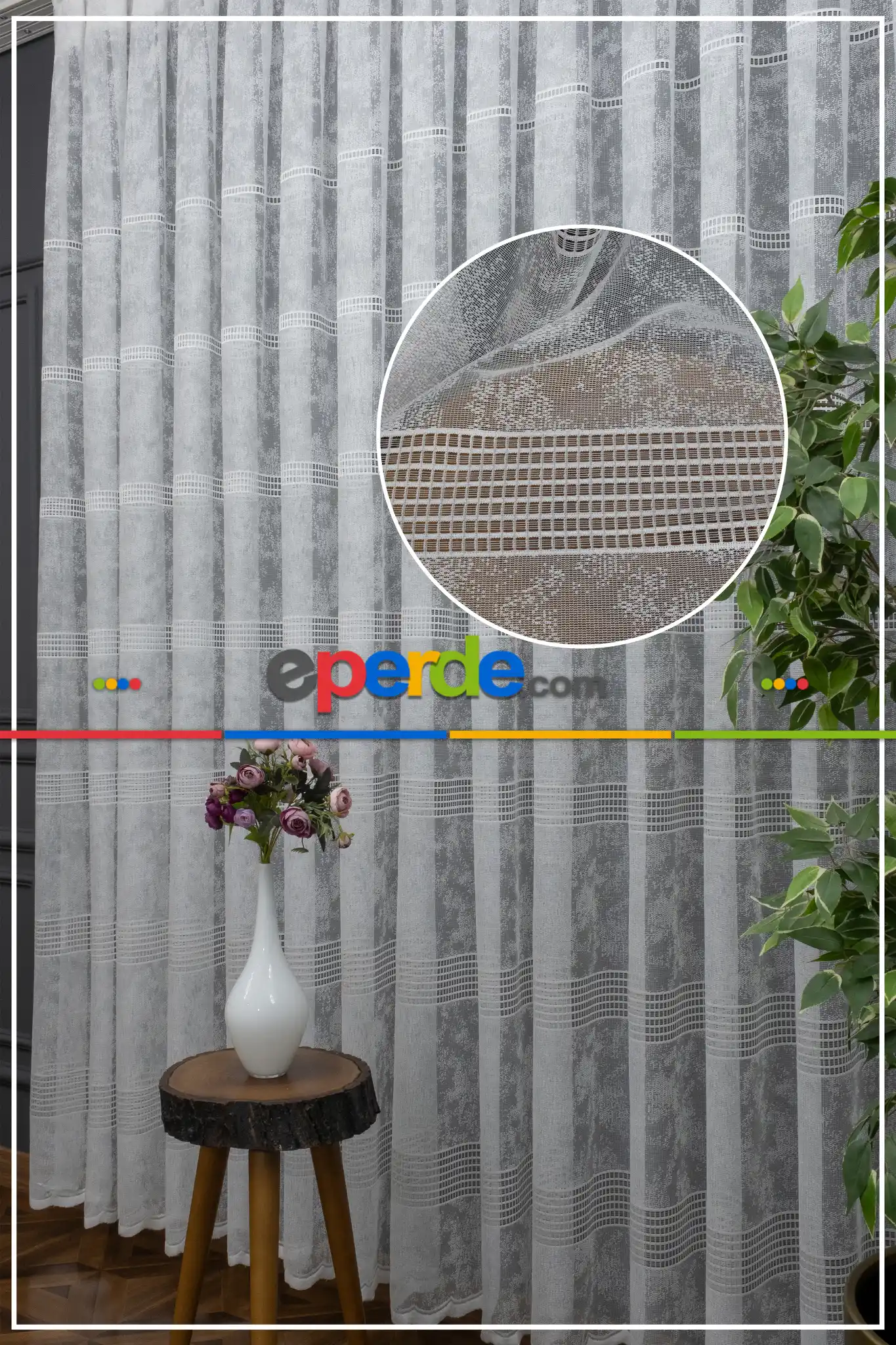 Spor Desen Tül Perde - Karlı Kareli Geometri Desenli - Ekru Açık Krem - Örme Tül