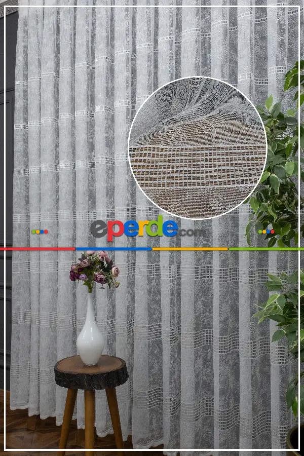 Spor Desen Tül Perde - Karlı Kareli Geometri Desenli - Ekru Açık Krem - Örme Tül