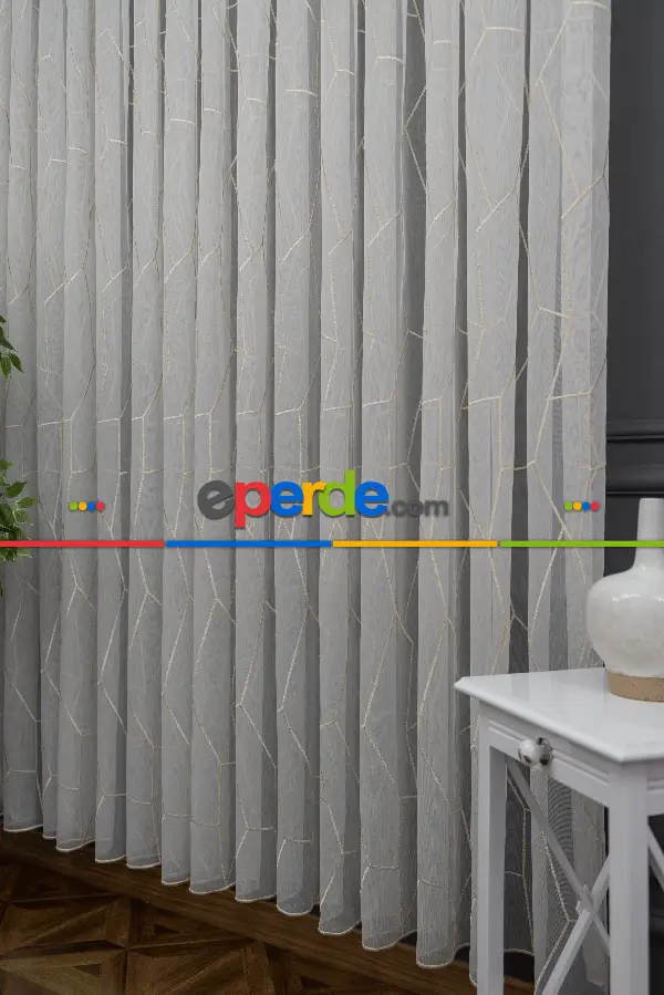 Salon - Geometrik Desenli Tül Perde - Ekru - Altın