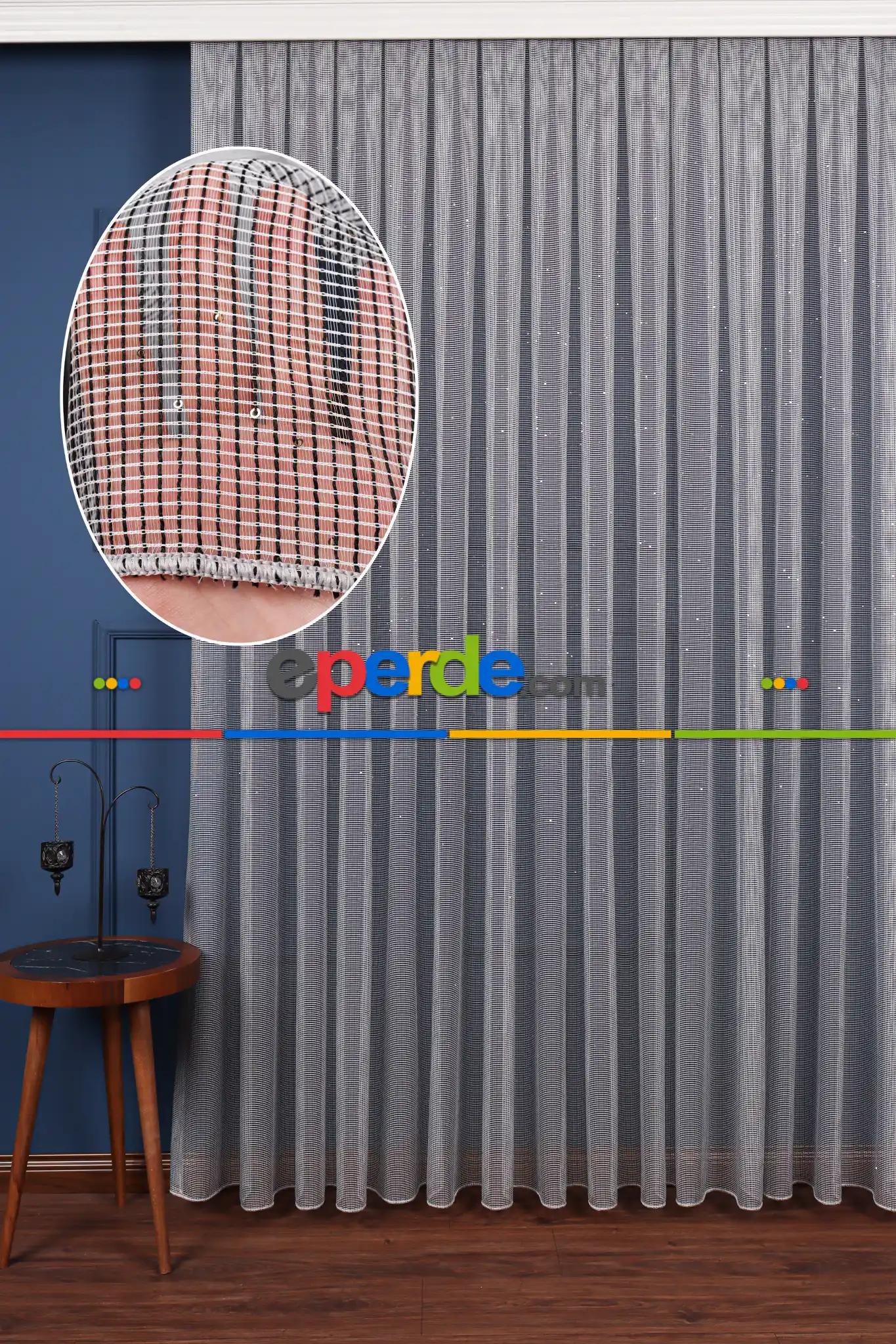 Gri - Siyah Pul Işlemeli Tül Perde Ütü Istemez