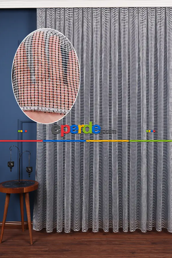 Gri - Siyah Pul Işlemeli Tül Perde Ütü Istemez