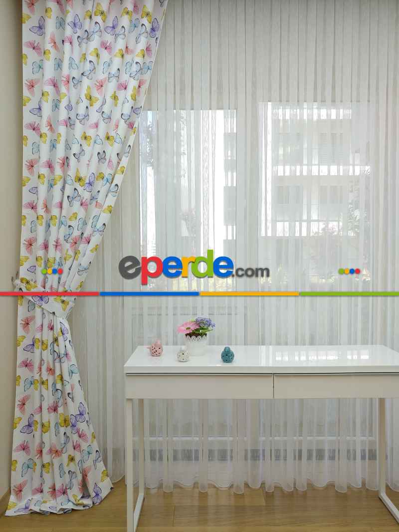 Kız Çocuk Odası Fon Perde - Kelebek Desenli Fon Perde