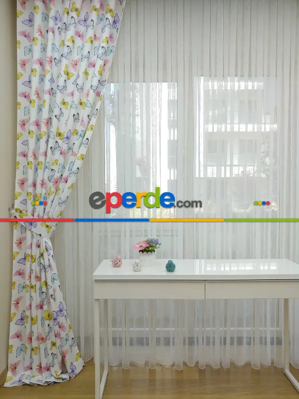 Kelebek Desenli Kız Bebek Ve Çocuk Odası Fon Perde Modelleri- Sarı-Beyaz-Turkuaz-Pembe