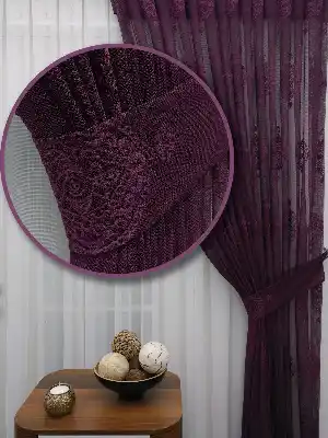 Patlıcan Moru - Damask Desenli Taç Tül Fon Perde- Mor Patlıcan Moru